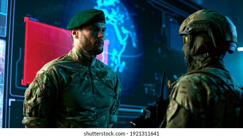 Military Man In Camouflage Giving Commands To Soldier Then Turning Away Against Large Screen With Nuclear Missile Launch Count Down