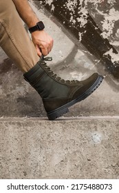 Military Man In Dark Green Leather Tactical Boots