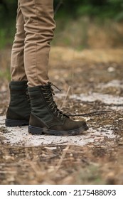 Military Man In Dark Green Leather Tactical Boots