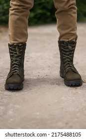 Military Man In Dark Green Leather Tactical Boots