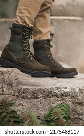 Military Man In Dark Green Leather Tactical Boots