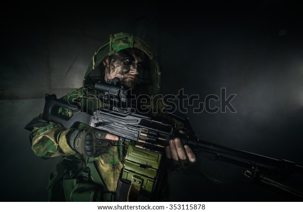 Military Man Machine Gun Fantasy Post The Arts People Stock Image