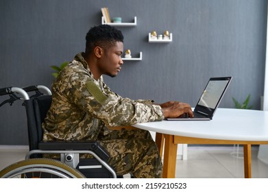 Military Man Sitting In Wheelchair Working Online