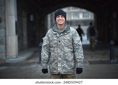 Military man, smile and portrait in uniform with pride, service and happy in morning at army. Male soldier, ready and confident by bridge for camouflage, introduction or security personnel for war - Powered by Shutterstock