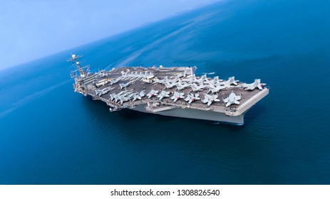 Military Navy Ship, Army Ship Carrier Full Loading Fighter Jet Aircraft Prepare For Battle USA VS Iran.