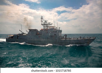 Military Navy Ships In A Sea Bay View From Helicopter