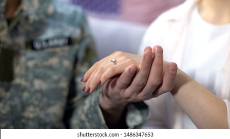 Military Officer Holding Girlfriend Hand With Engagement Ring, Proposal Close Up