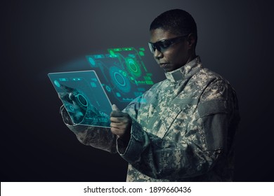 Military officer using transparent tablet army technology