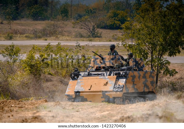 Military operation training with army tanks,\
guns, army cars in battlefield in Pakchong, Nakhonratchasima,\
Thailand taken on\
03/3/2018