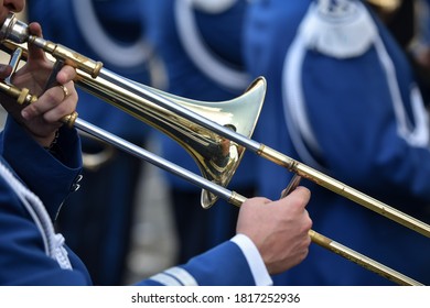 Military Orchestra Man Performing During Ceremony. Detail With Musician Playing On Trumpet. 