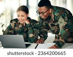 Military people, smile and laptop with teamwork, collaboration and diversity from soldier. Computer, army man and woman online on website with internet and working on reading with surveillance