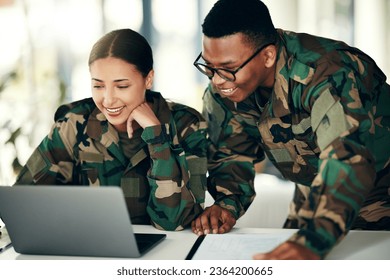 Military people, smile and laptop with teamwork, collaboration and diversity from soldier. Computer, army man and woman online on website with internet and working on reading with surveillance - Powered by Shutterstock