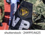 Military police in Croatia. Emblem on the arm of a military policeman. Camouflage uniform.