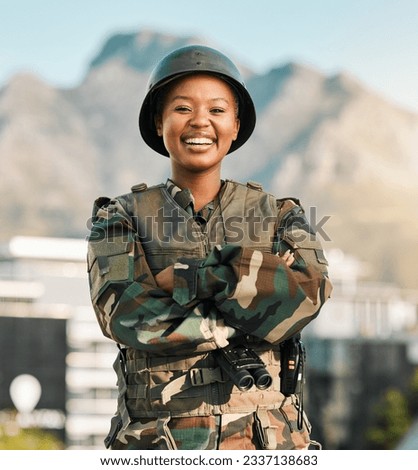 Military, portrait and happy black woman with arms crossed in city for power, confident or smile outdoor. War, security and face of lady warrior proud, hero and ready for army, protection or training
