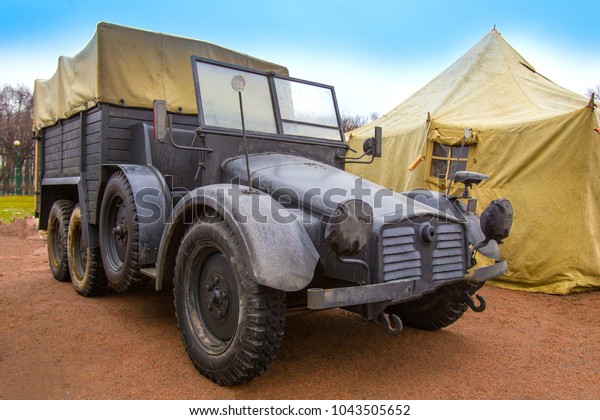 Military Retro\
car. Military truck. Military transport of the United States to\
America during the Second World\
War.