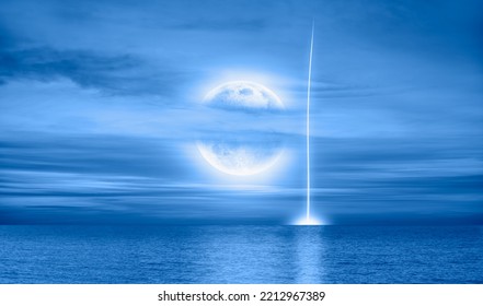 Military Rockets Launch With Fire Clouds Full Moon In The Background At Night 