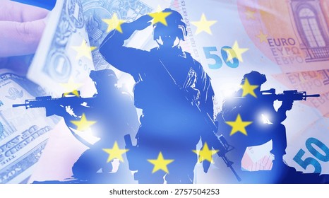 Military service, contract enlistment. Armed soldiers silhouette over EU flag and currency background symbolizes paid army recruitment, defense funding and international security operations.
