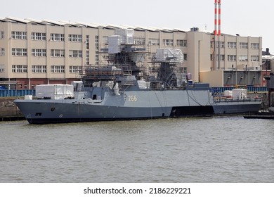 The Military Ship F266 Emden Is Docked At The Shipyard In Hamburg, Germany, June 18, 2022.