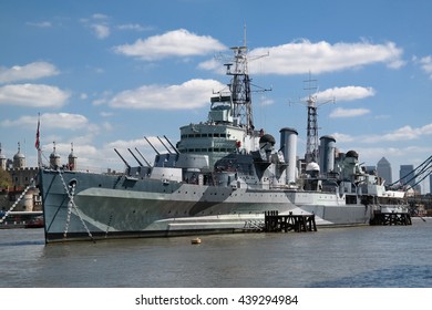 Military Ship On River Thames In London