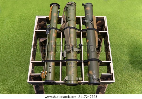 Military, Shooting RPG anti tank grenade\
launcher. war trophy. military supplies of heavy weapons. anti-tank\
grenade launchers