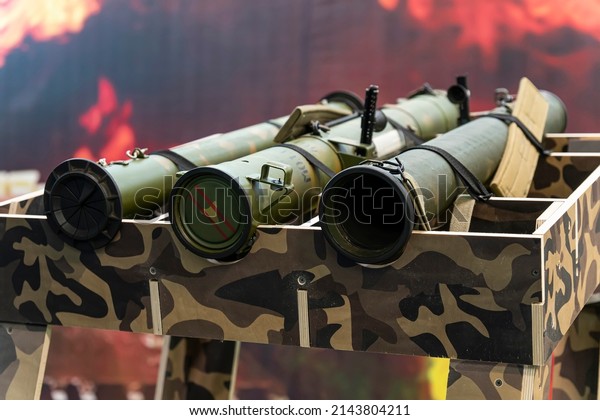 Military, Shooting RPG anti tank grenade\
launcher. war trophy. military supplies of heavy weapons. anti-tank\
grenade launchers