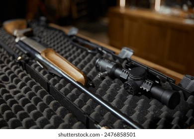 Military shop, weapon store concept with opened case for gun machine