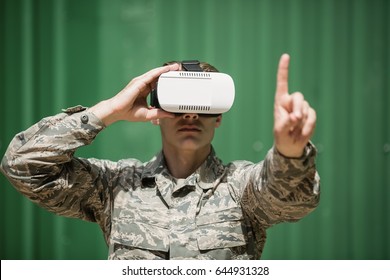 Military Soldier Using Virtual Reality Headset In Boot Camp