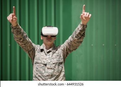 Military Soldier Using Virtual Reality Headset In Boot Camp