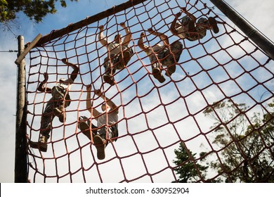 Military soldiers climbing rope during obstacle course in boot camp - Powered by Shutterstock