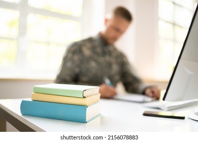 Military Student Education. Army Soldier Veteran With Computer