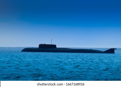 Military Submarine. Submarine During Ascent. Military Submarine Without Identification Marks. Naval Forces. Concept - Shipbuilding. Water Weapon. The Ship Sank Under Water. Ascent.