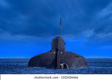 Military submarine on the water. Warship. Nuclear submarine. Navy. Weapon The defense of the state. Military conflicts.