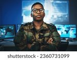 Military, surveillance and portrait of man with arms crossed in security, control room and monitor government, operation or mission. Army, employee and face with pride, confidence and working in tech