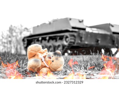 Military tank of the second world war in black and white blur. Children's toy on fire. The concept of no war.