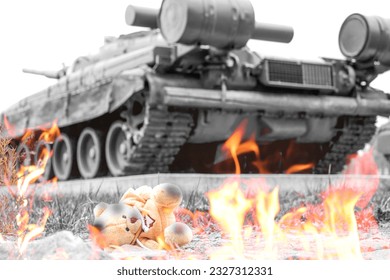 Military tank of the second world war in black and white blur. Children's toy on fire. The concept of no war.