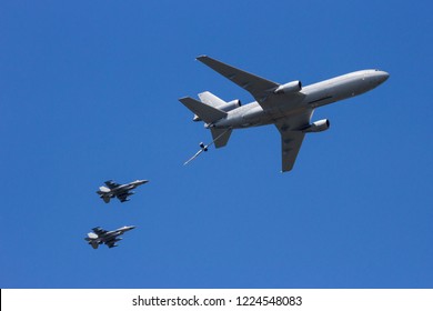 Military Tanker Plane Aerial Refueling Two Fighter Jet Aircraft.