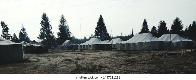 Military Tent Camp Located In The Forest