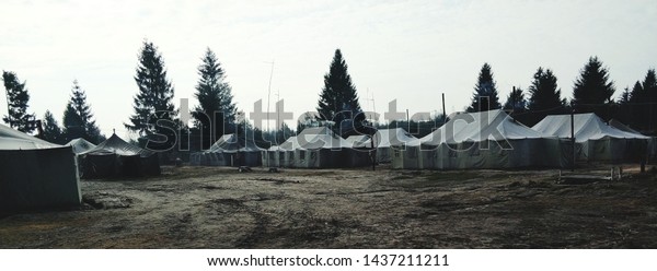 military tent camp\
located in the forest