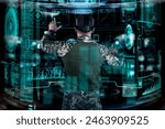 Military Think Tank, AI technology in the army. Warfare analytic operator checking coordination of the military team. Military commander with a digital device with vr glasses operating troops.