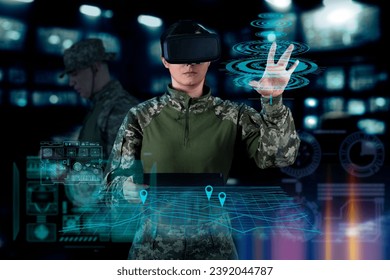 Military Think Tank, AI technology in the army. Warfare analytic operator checking coordination of the military team. Military commander with a digital device with augmented reality operating troops. - Powered by Shutterstock