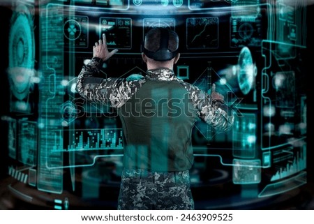 Military Think Tank, AI technology in the army. Warfare analytic operator checking coordination of the military team. Military commander with a digital device with vr glasses operating troops.