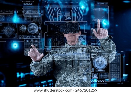 Military Think Tank, AI technology in the army. Warfare analytic operator checking coordination of the military team. Military commander with a digital device with vr glasses operating troops.