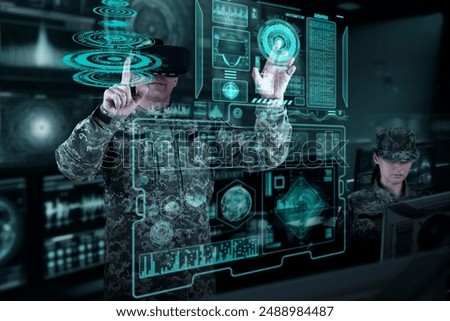 Military Think Tank, AI technology in the army. Warfare analytic operator checking coordination of the military team. Military commander with a digital device with vr glasses operating troops.