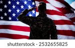 Military US Soldier Saluting Flag. Army Veteran