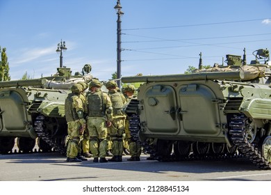 Military Vehicles On The Street Of City. The Concept Of Fighting Against Military Action.