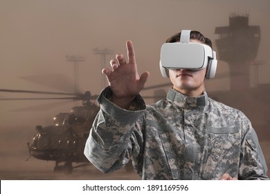 Military in VR headset touching virtual screen for simulation training military technology - Powered by Shutterstock