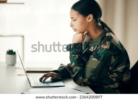 Military, war and woman with a laptop, thinking and connection with network, website information and surveillance. Soldier, employee and veteran with a pc, communication and problem solving research
