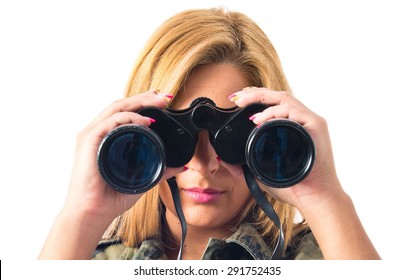 Military Woman With Binoculars