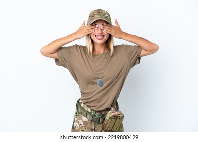 Military Woman With Dog Tag Isolated On White Background Covering Eyes By Hands
