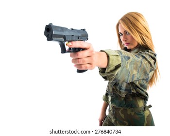 Military Woman Shooting A Gun